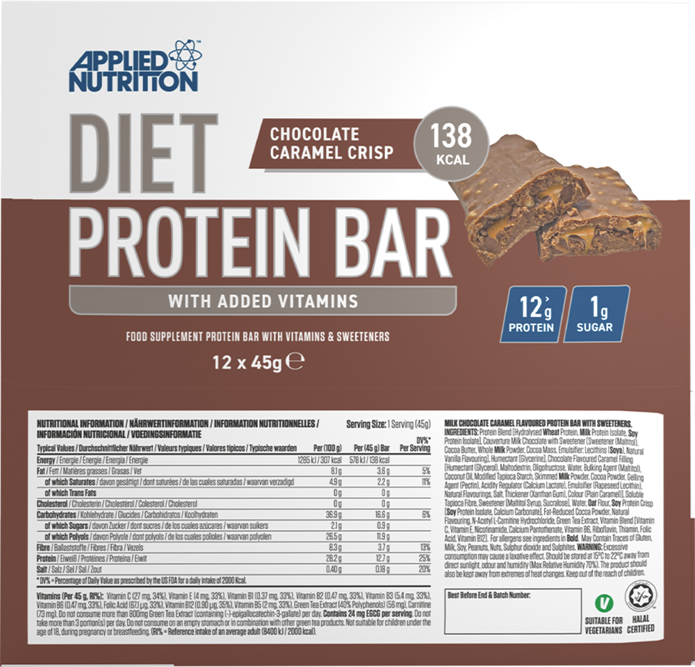 Applied Nutrition Diet Protein Bar Chocolate Caramel Crisp (12 x 45 g)