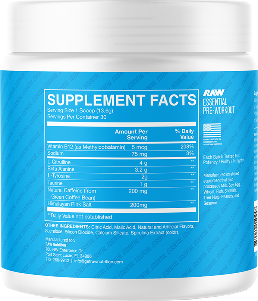 RAW Essential Pre-workout Blue Raspberry (30 servings)
