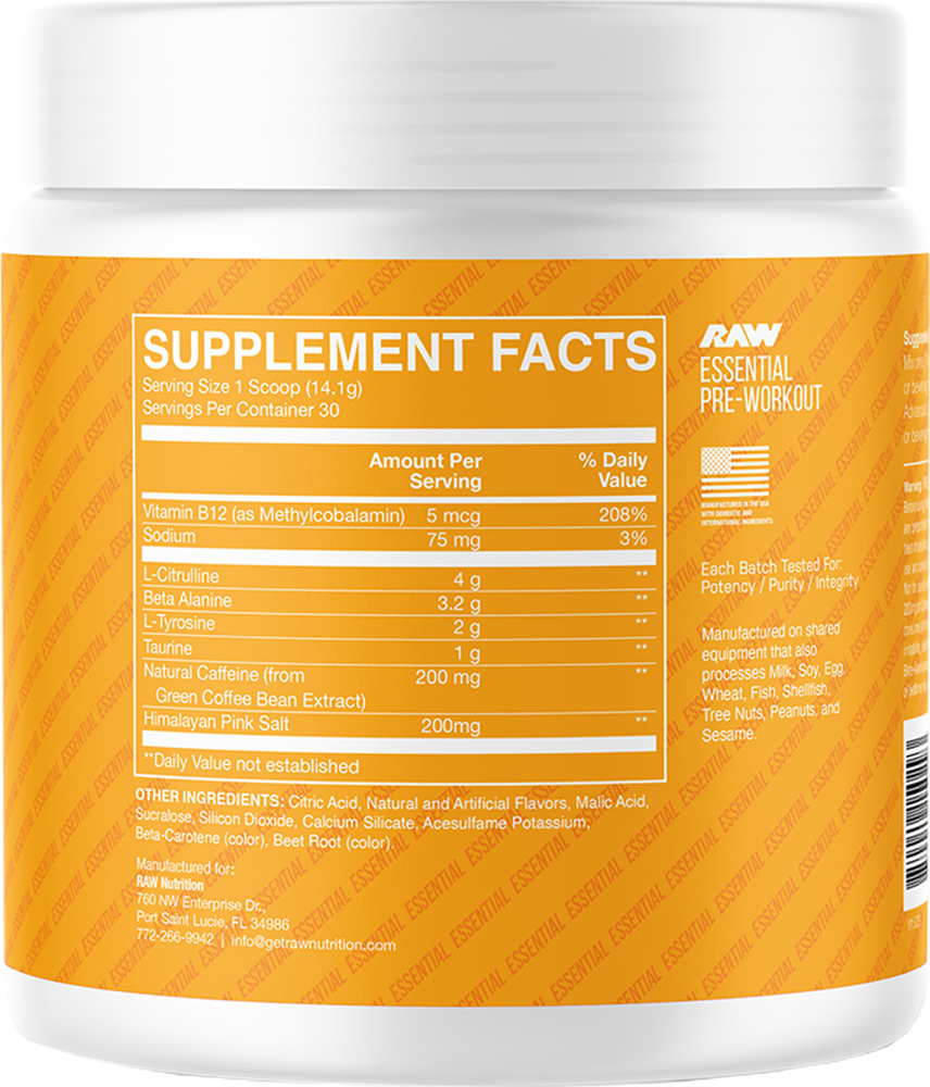RAW Essential Pre-workout Peach Mango (30 servings)