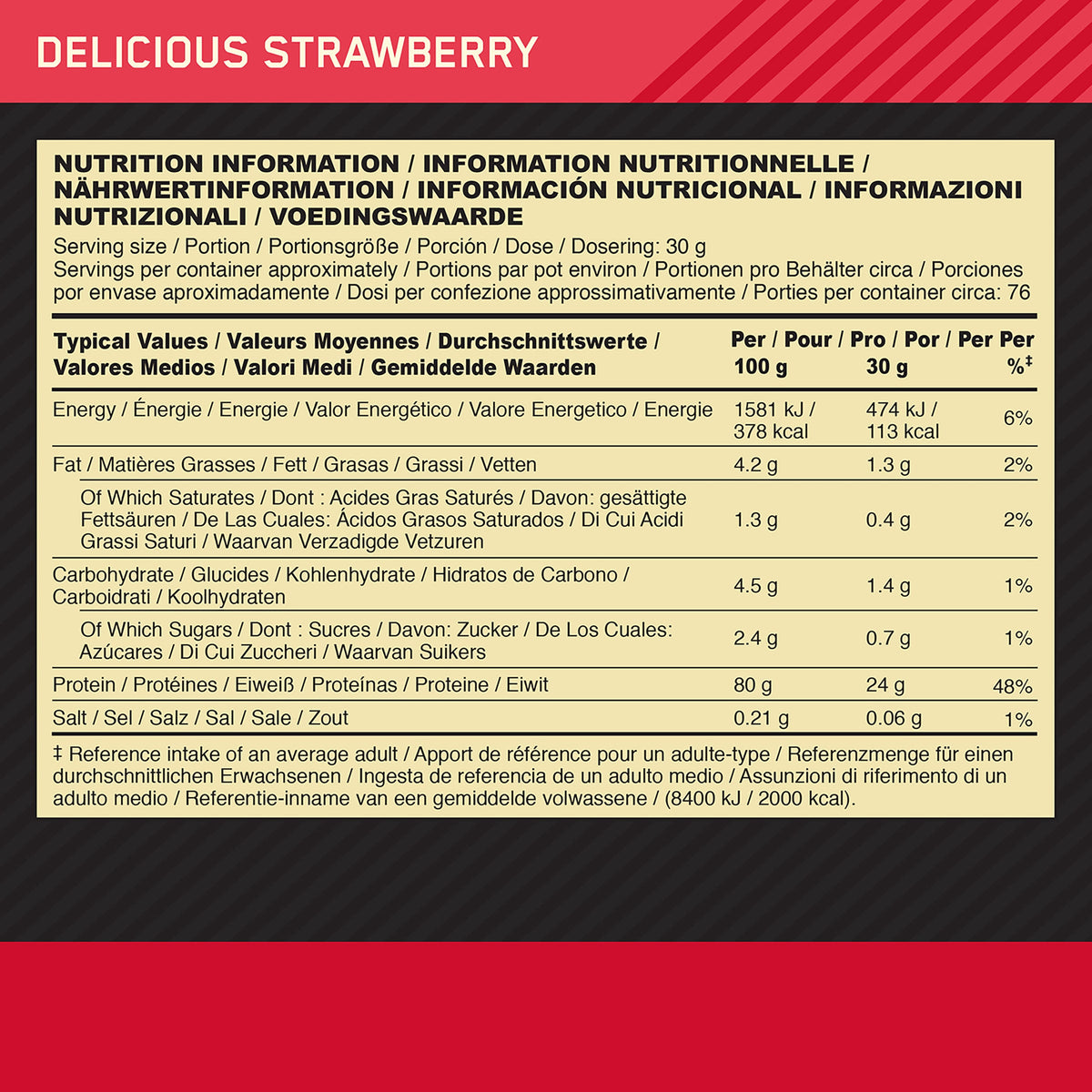 Optimum Nutrition Gold Standard 100% Whey Delicious Strawberry - voedingswaarden