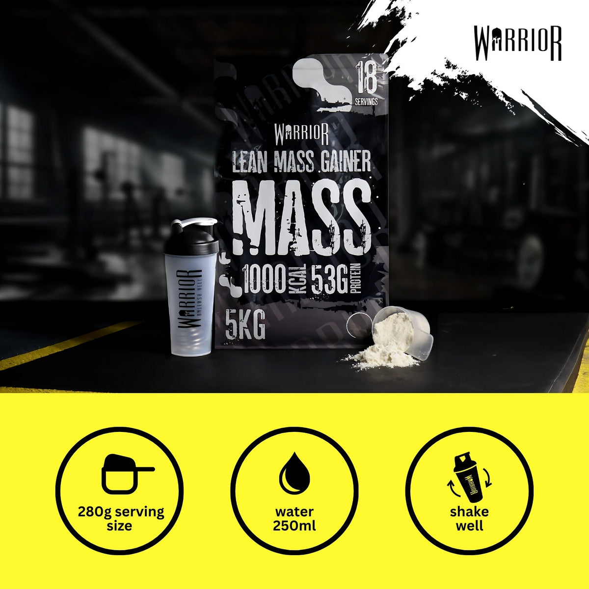 Warrior Mass Lean Mass Gainer Banana Creme – dosering 280 g, 250 ml water, goed schudden