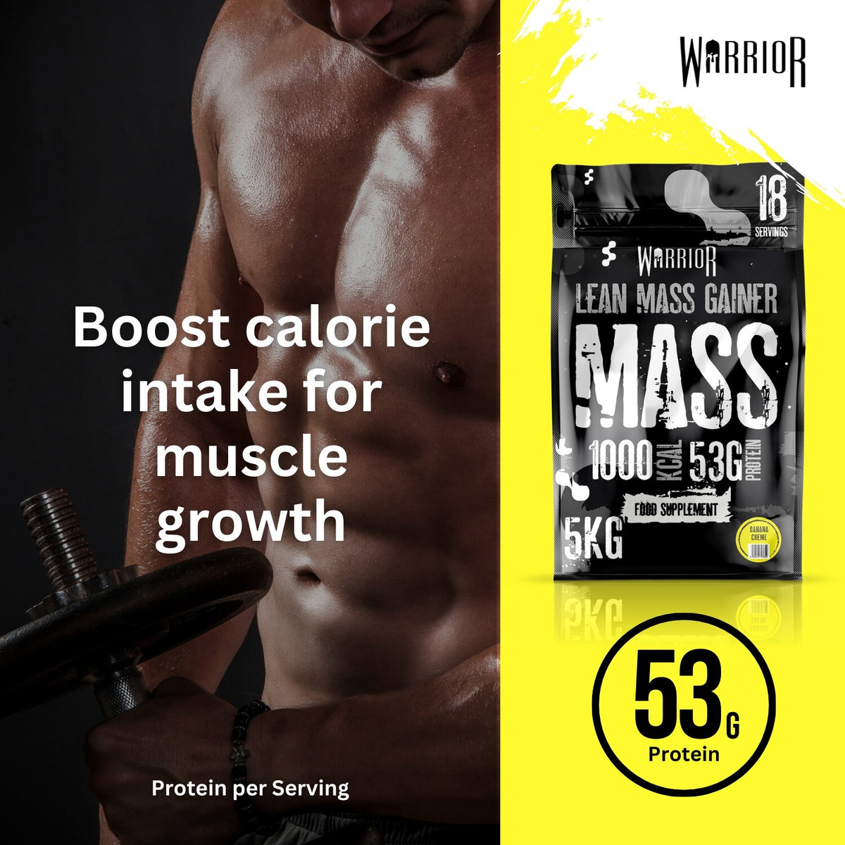 Warrior Mass Lean Mass Gainer Banana Creme – 53 g eiwit per shake