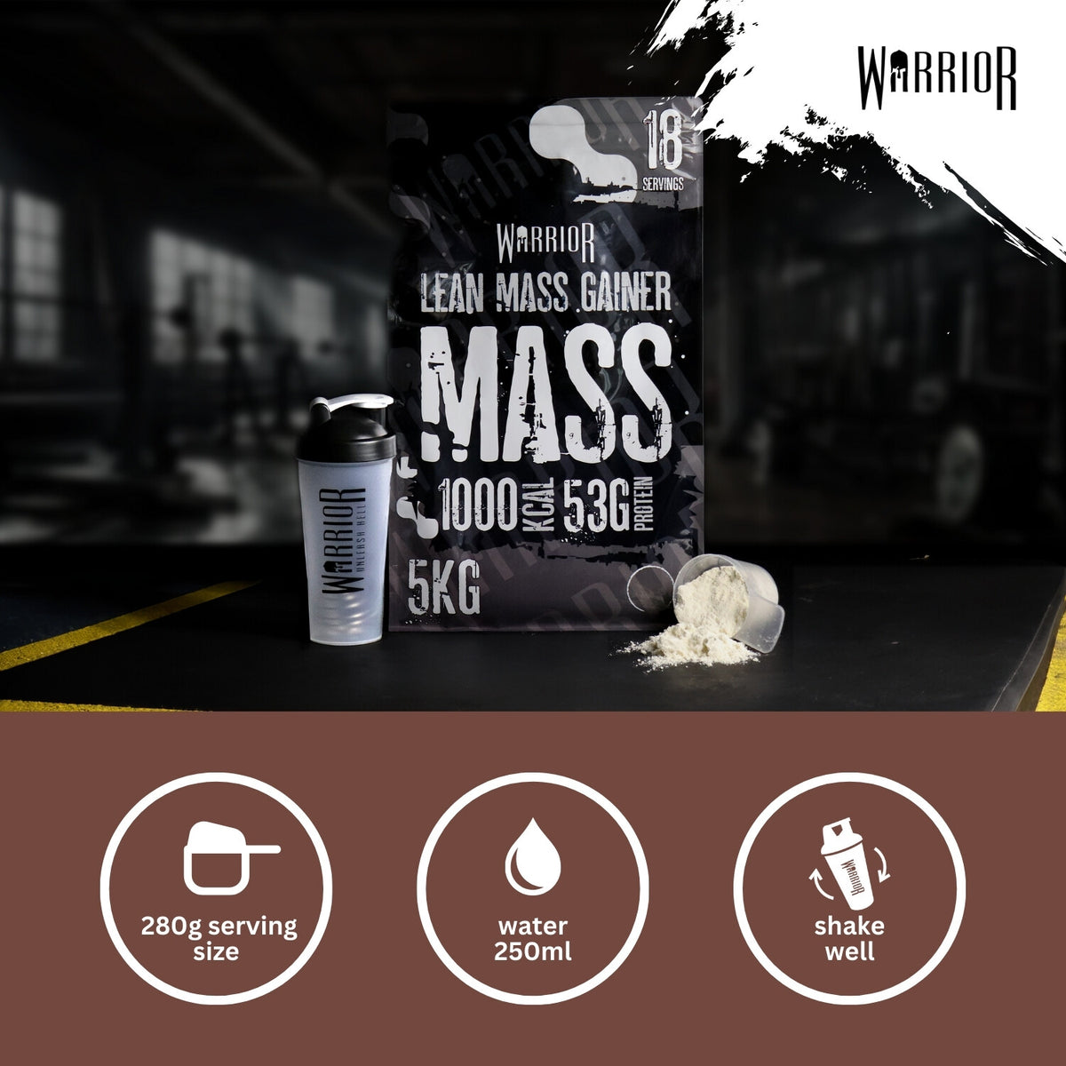 Warrior Mass Lean Mass Gainer Double Chocolate – dosering 280 g, 250 ml water, goed schudden