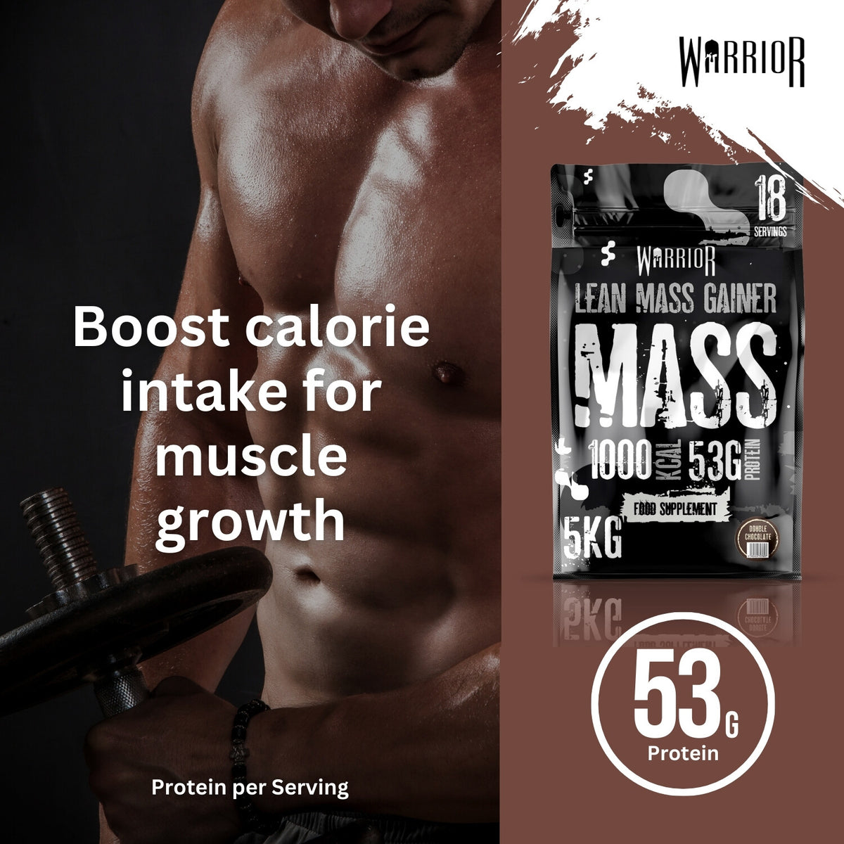 Warrior Mass Lean Mass Gainer Double Chocolate – 53 g eiwit per shake