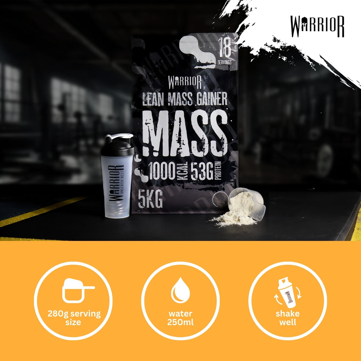 Warrior Mass Lean Mass Gainer Salted Caramel – dosering 280 g, 250 ml water, goed schudden