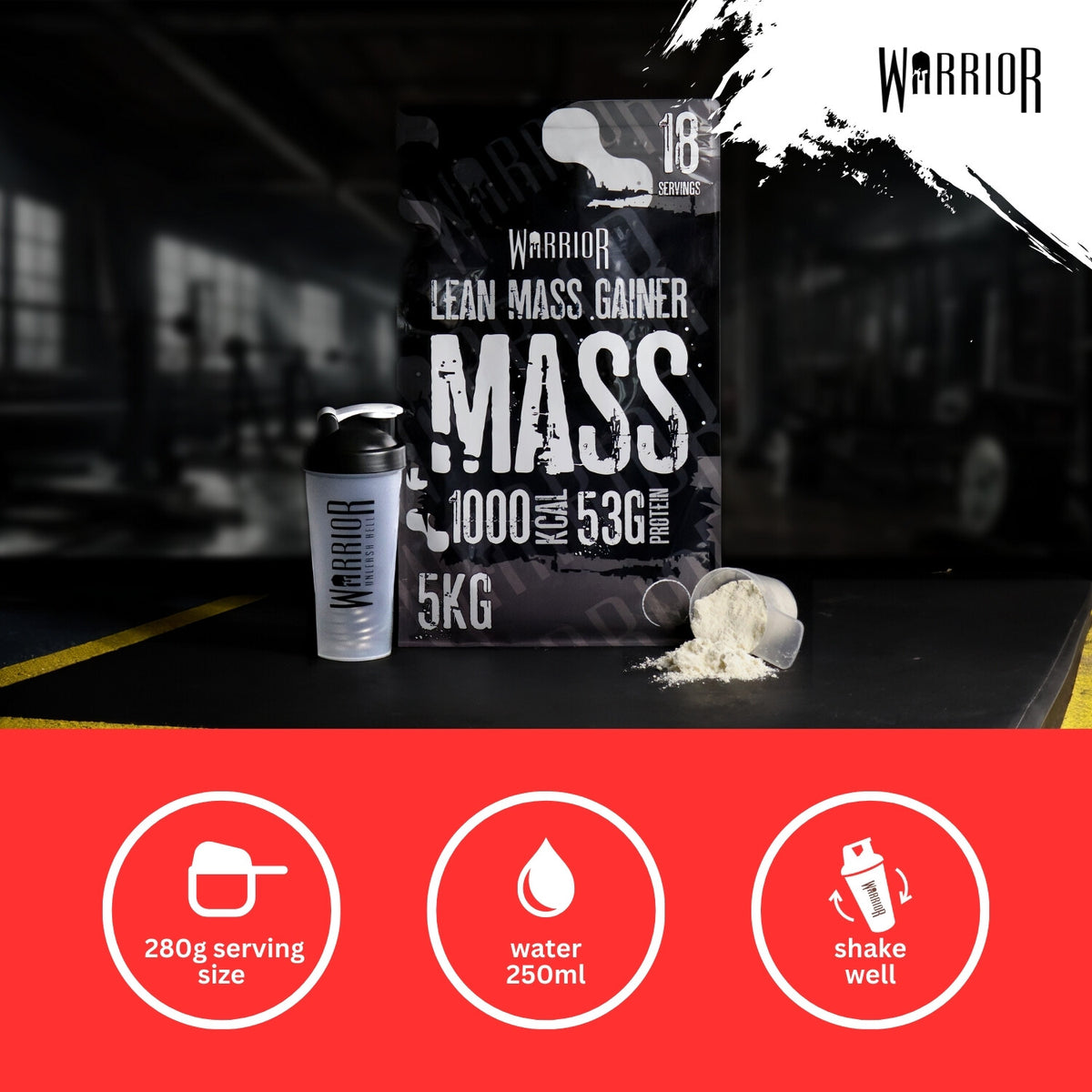 Warrior Mass Lean Mass Gainer Strawberry Creme – dosering 280 g, 250 ml water, goed schudden