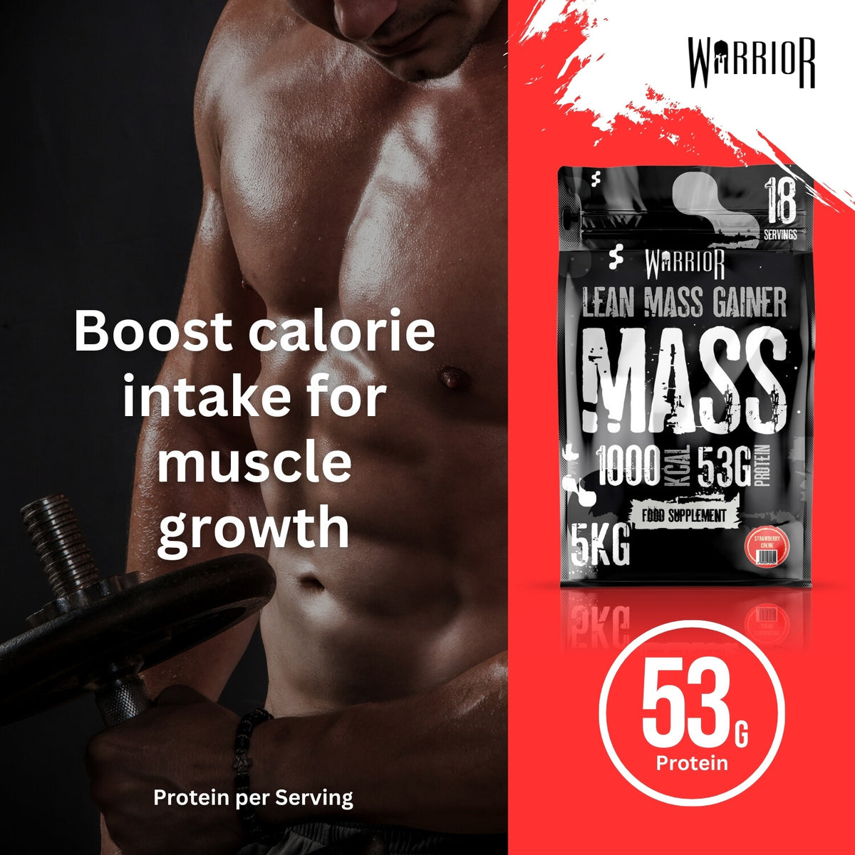 Warrior Mass Lean Mass Gainer Strawberry Creme – 53 g eiwit per shake