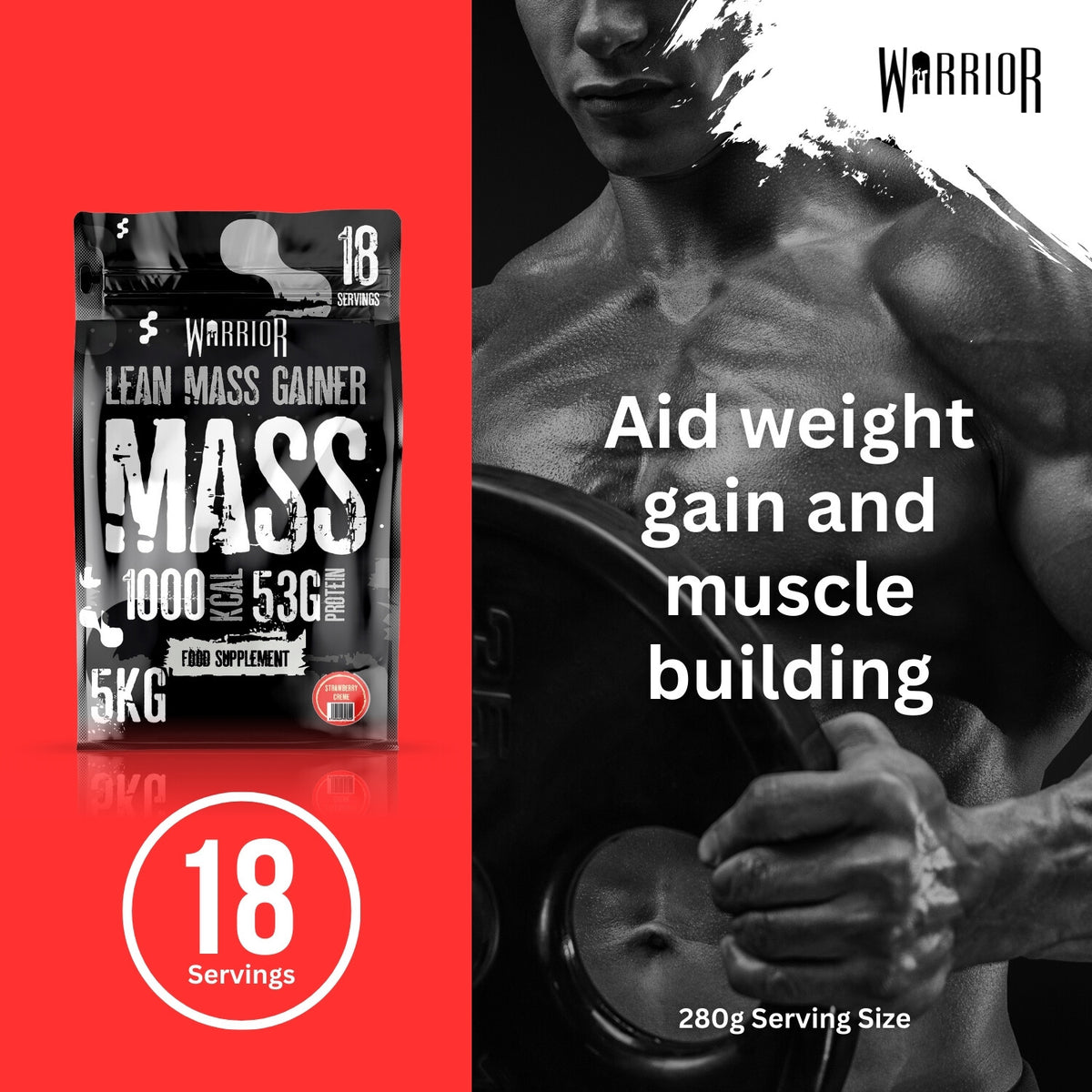 Warrior Mass Lean Mass Gainer Strawberry Creme – 18 shakes per zak
