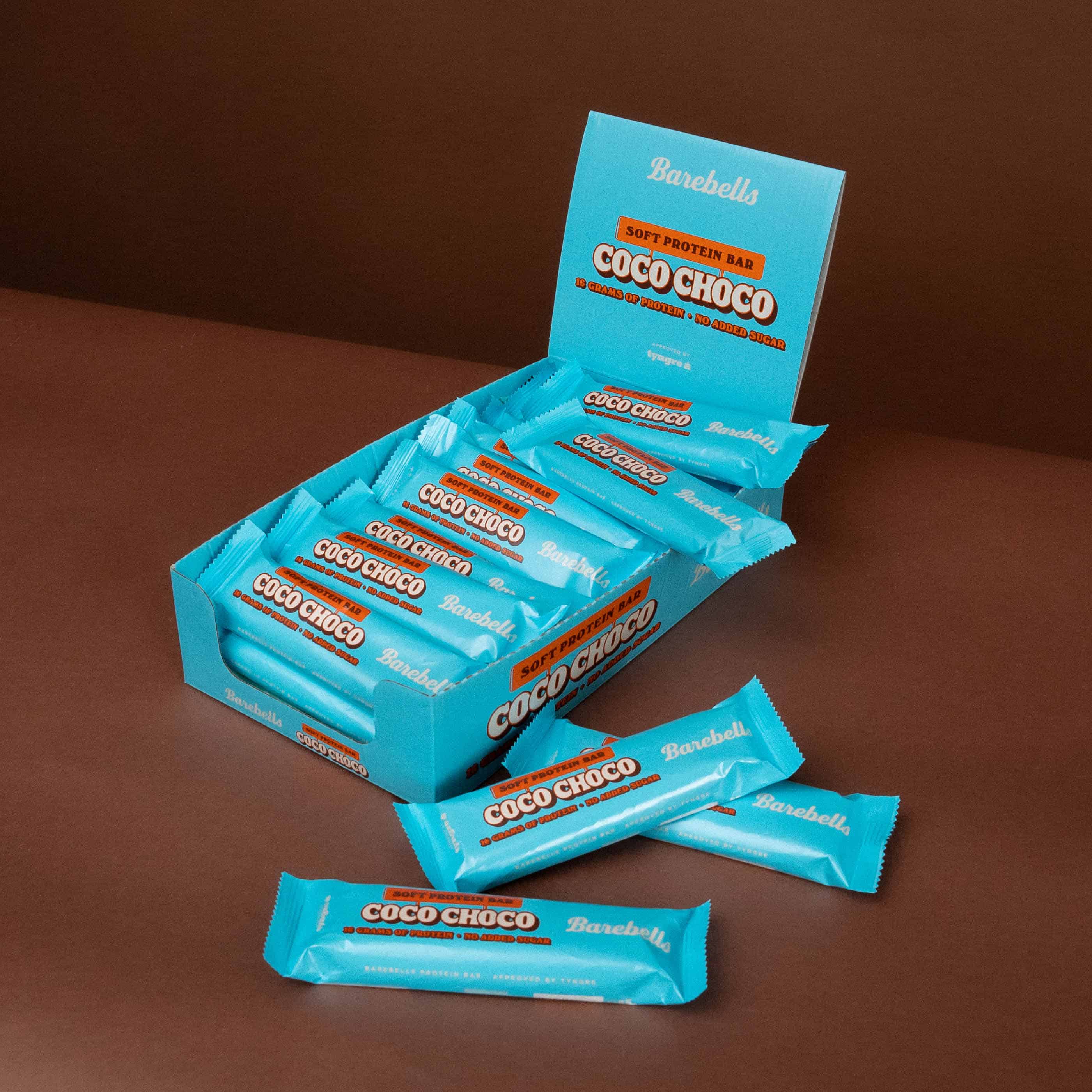 Barebells Soft Protein Bar Coco Choco - geopende displaydoos met 12 eiwitrepen
