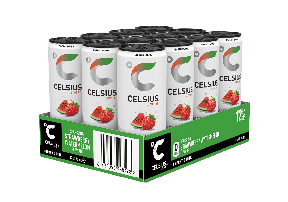 Celsius Sparkling Energy Drink Strawberry Watermelon – multipack tray 12 x 250 ml schuin