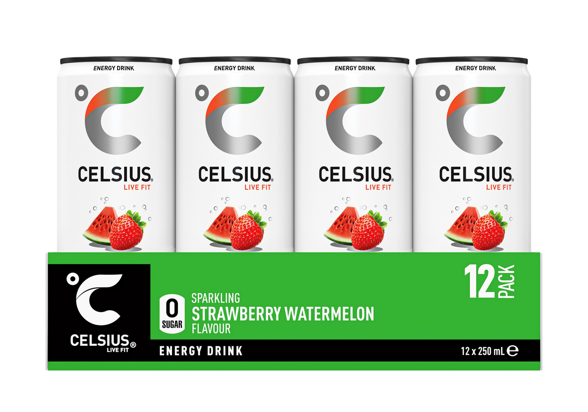 Celsius Sparkling Energy Drink Strawberry Watermelon – multipack tray 12 x 250 ml zijaanzicht