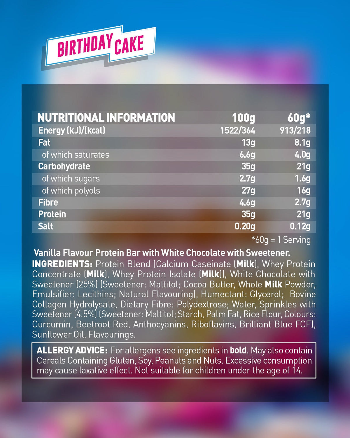 Grenade Protein Bar Birthday Cake eiwitreep – verpakking achterzijde met voedingswaarden
