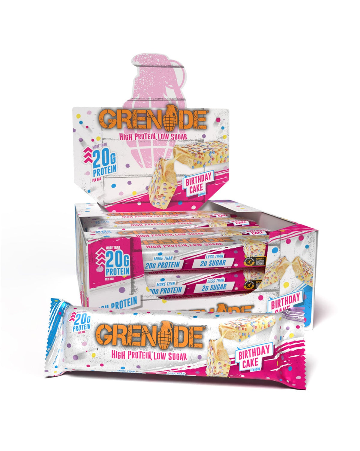 Grenade Protein Bar Birthday Cake eiwitreep – verpakking met displaydoos