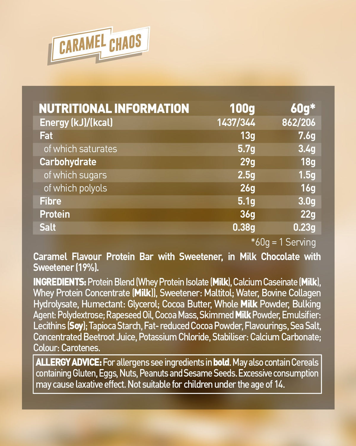 Grenade Protein Bar Caramel Chaos eiwitreep – verpakking achterzijde met voedingswaarden