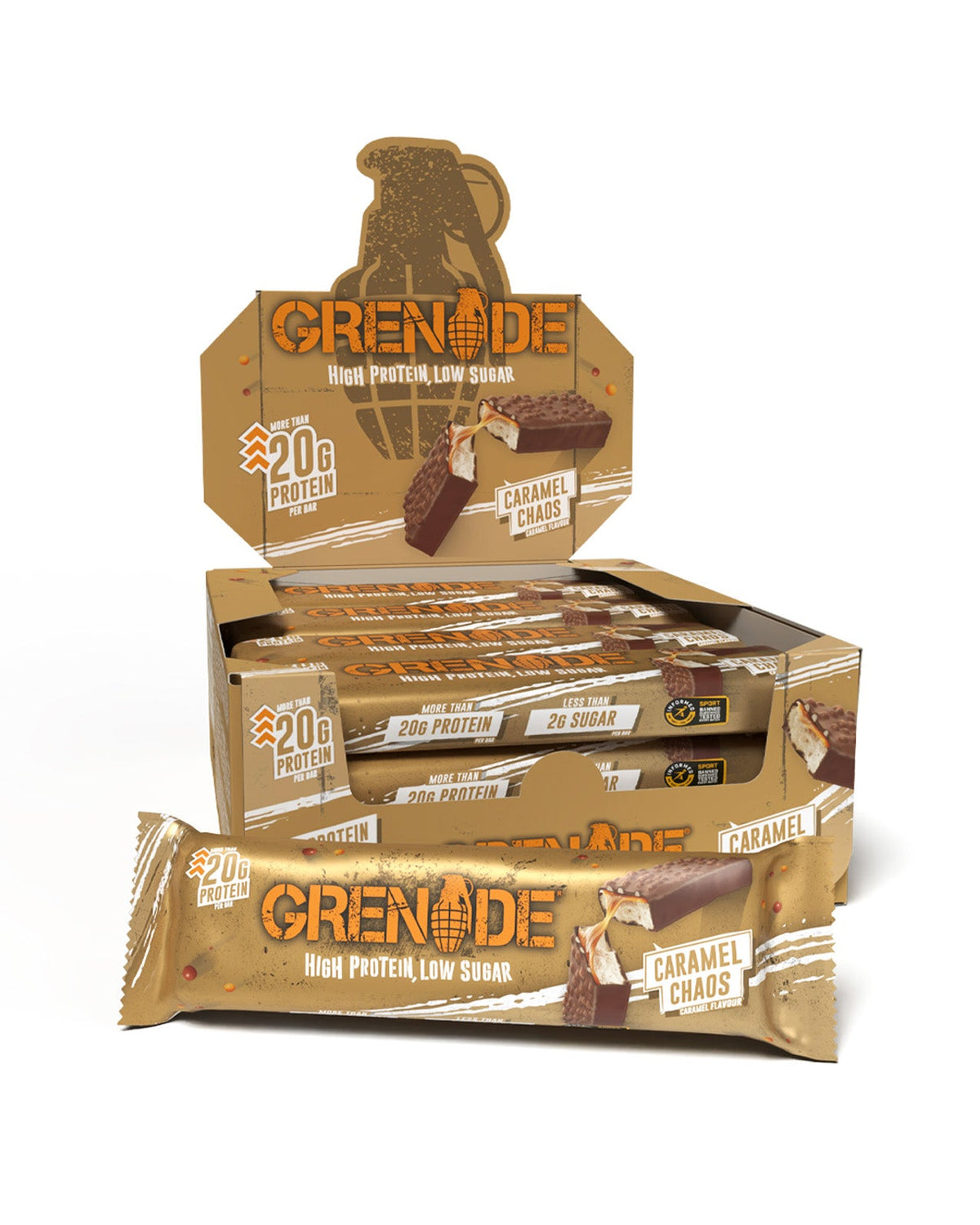 Grenade Protein Bar Caramel Chaos eiwitreep – verpakking met displaydoos