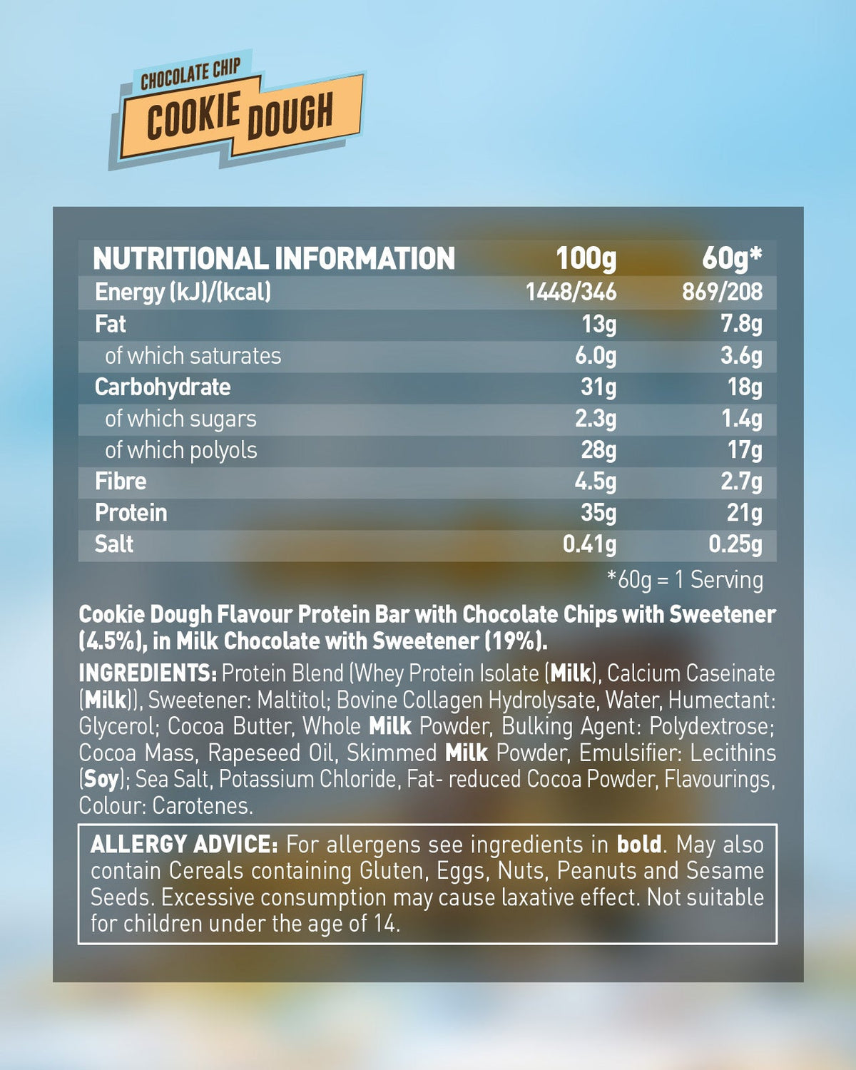 Grenade Protein Bar Chocolate Chip Cookie Dough eiwitreep – verpakking achterzijde met voedingswaarden