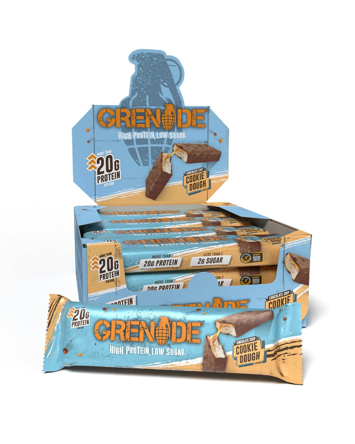 Grenade Protein Bar Chocolate Chip Cookie Dough eiwitreep – verpakking met displaydoos