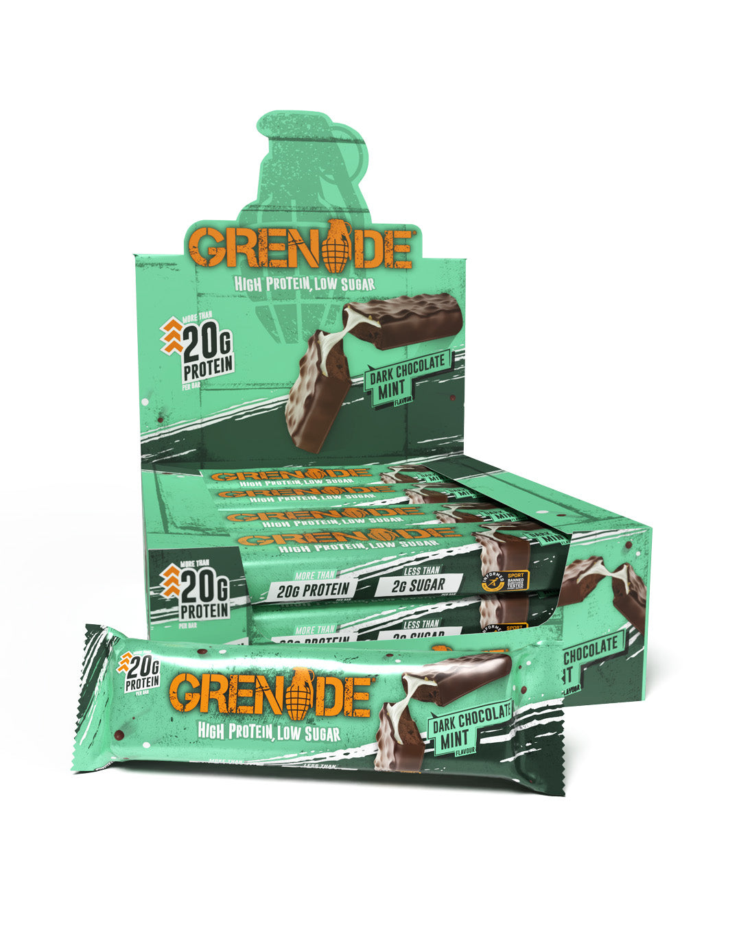 Grenade Protein Bar Dark Chocolate Mint eiwitreep – verpakking met displaydoos