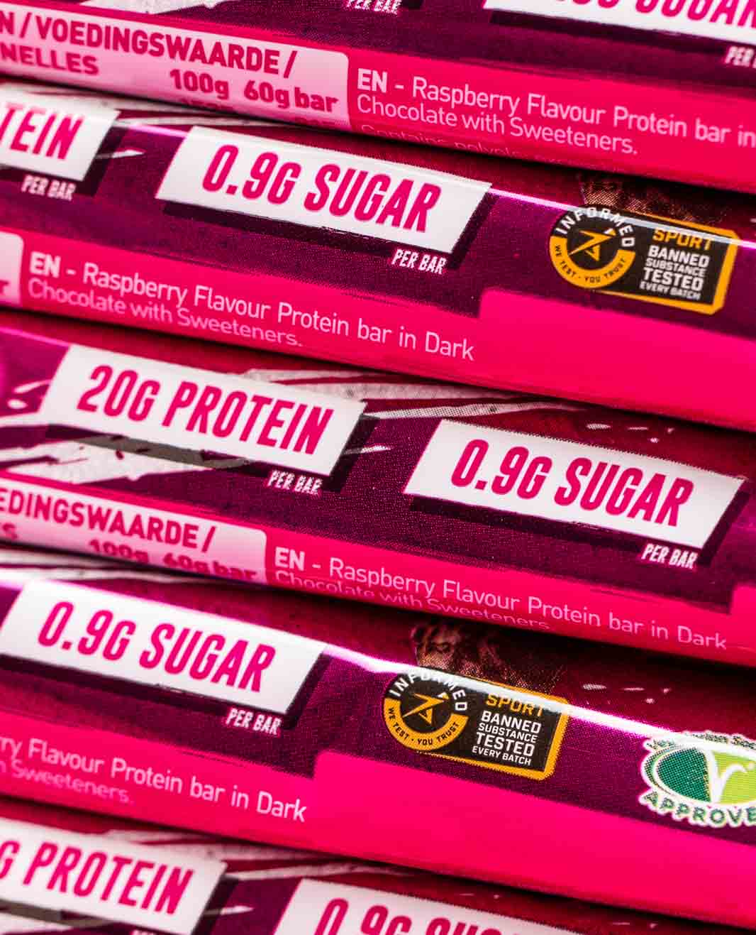 Grenade Protein Bar Dark Chocolate Raspberry eiwitreep – verpakking achterzijde met voedingswaarden