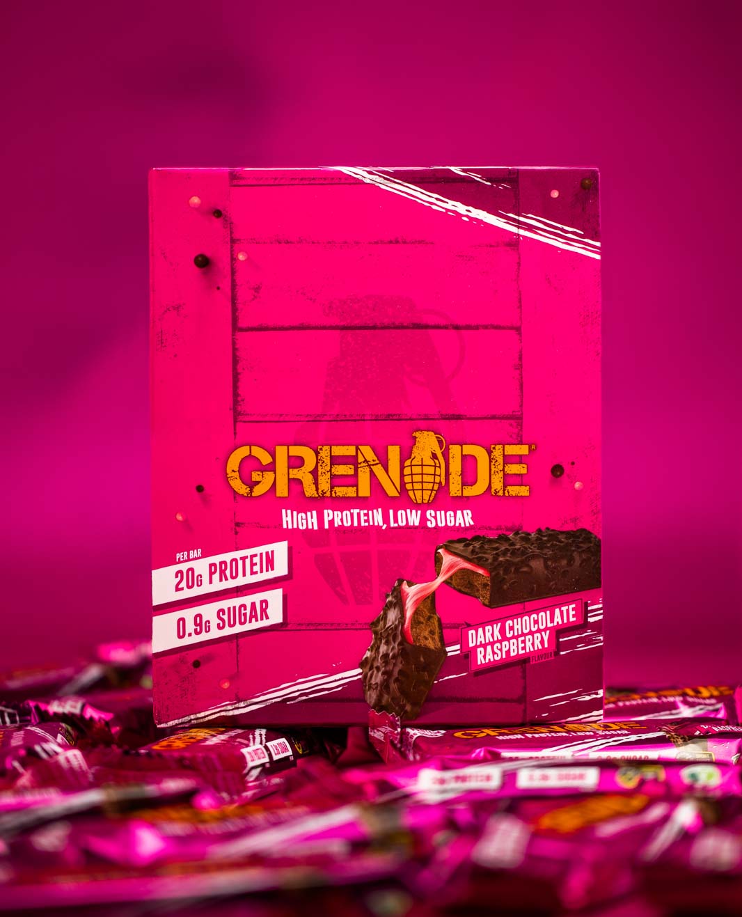 Grenade Protein Bar Dark Chocolate Raspberry eiwitreep – multipack doos 12 stuks