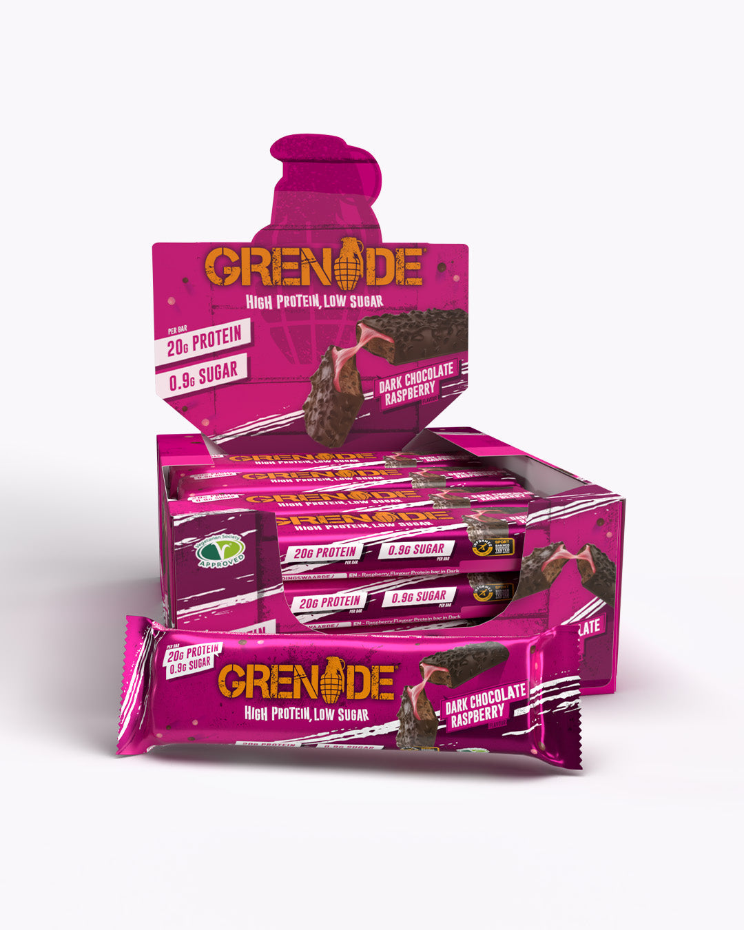 Grenade Protein Bar Dark Chocolate Raspberry eiwitreep – verpakking met displaydoos