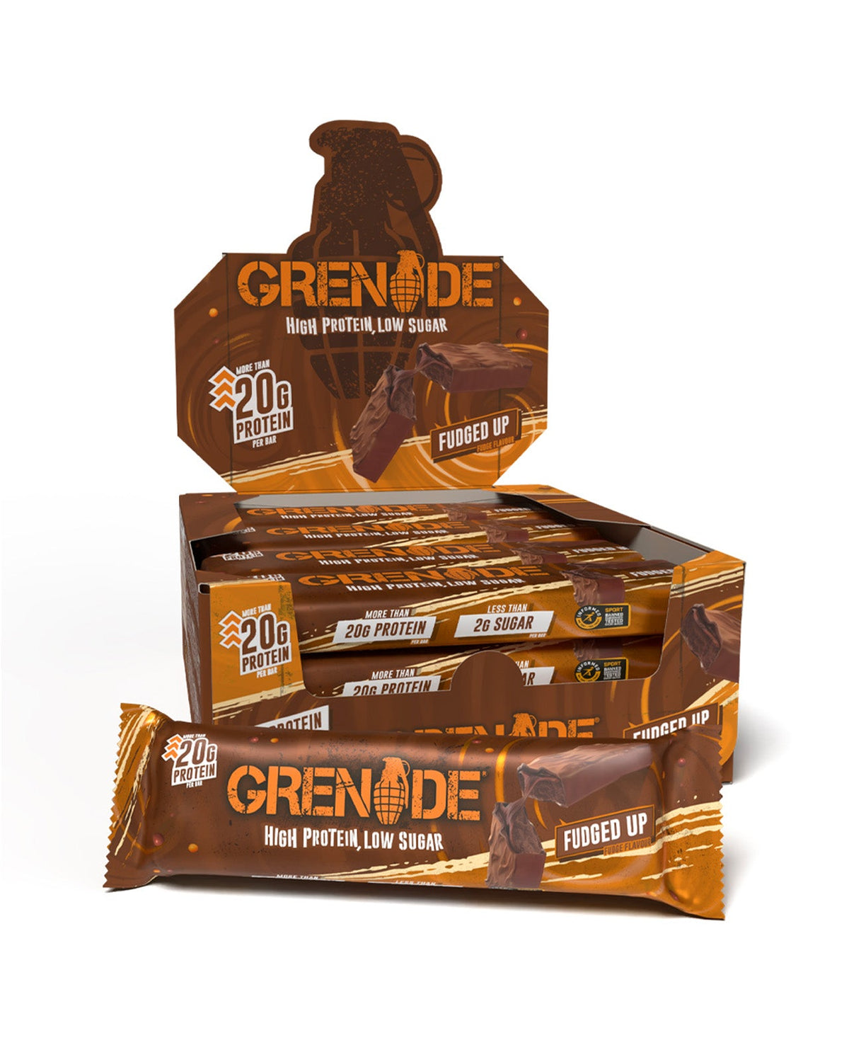 Grenade Protein Bar Fudged UP eiwitreep – verpakking met displaydoos