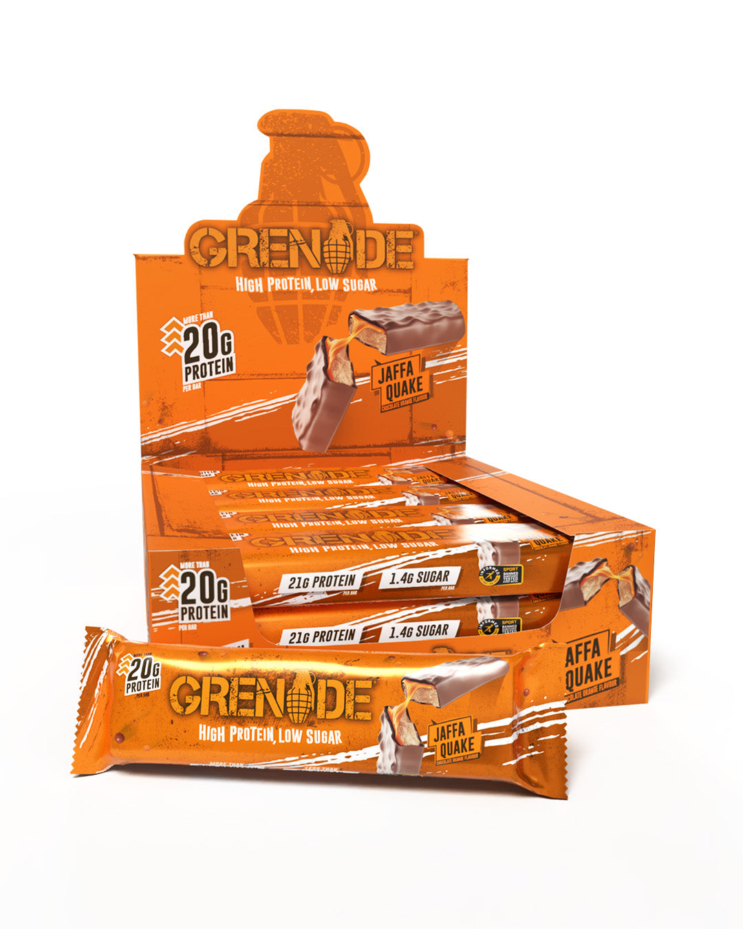 Grenade Protein Bar Jaffa Quake eiwitreep – verpakking met displaydoos