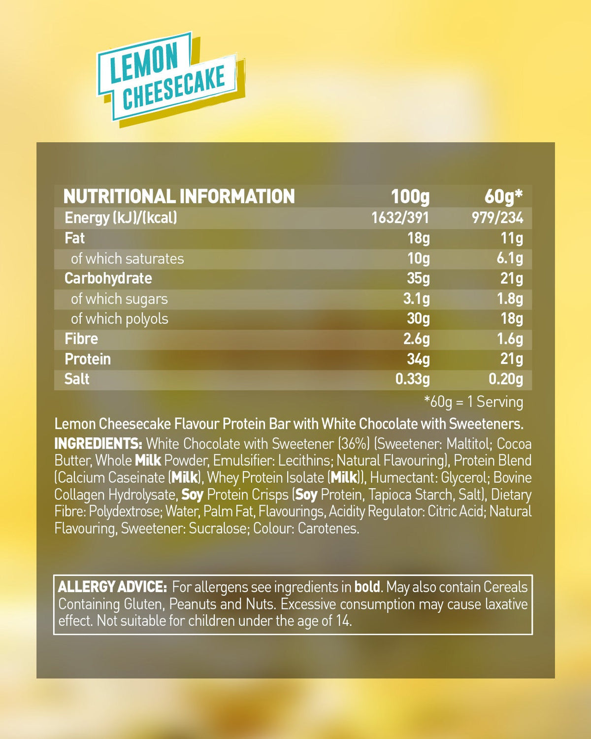 Grenade Protein Bar Lemon Cheesecake eiwitreep – verpakking achterzijde met voedingswaarden