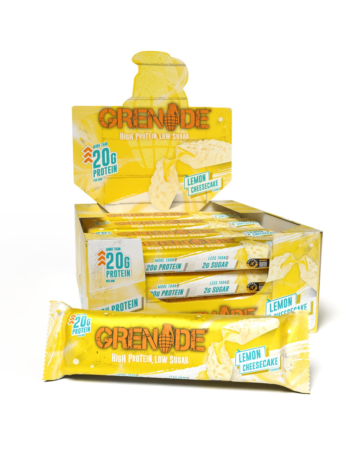 Grenade Protein Bar Lemon Cheesecake eiwitreep – verpakking met displaydoos