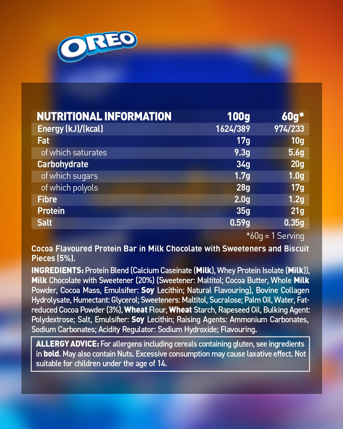 Grenade Protein Bar Oreo eiwitreep – verpakking achterzijde met voedingswaarden