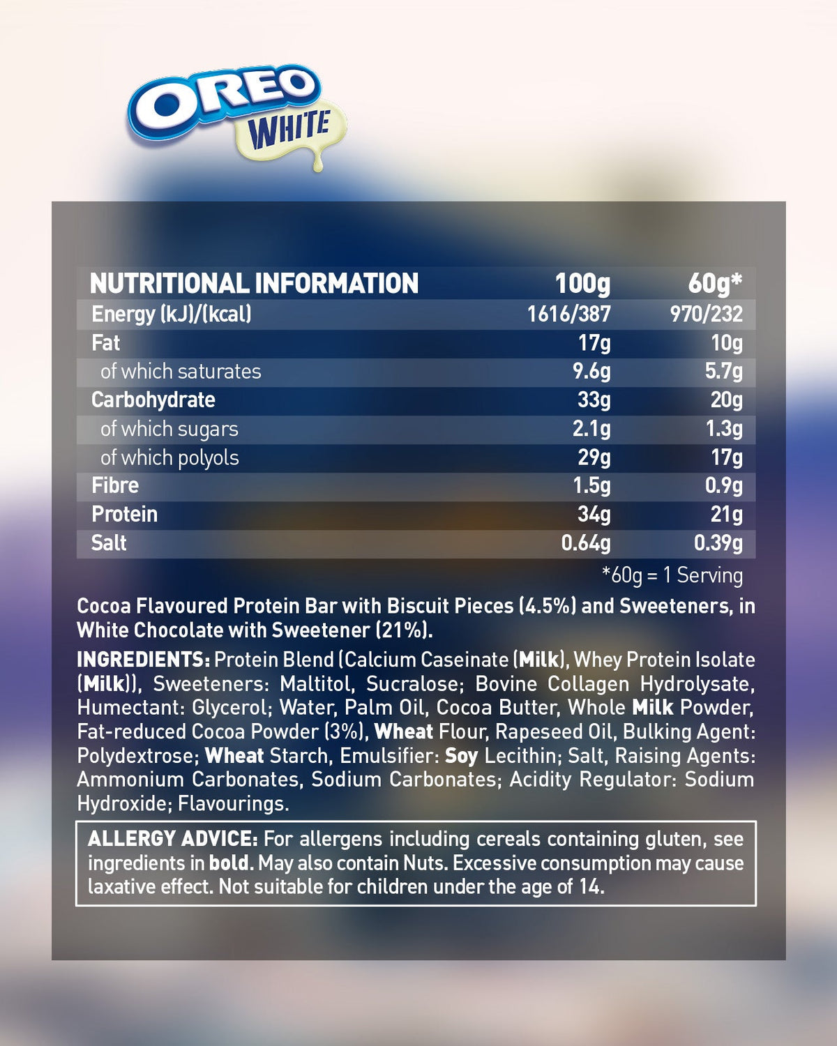 Grenade Protein Bar Oreo White eiwitreep – verpakking achterzijde met voedingswaarden