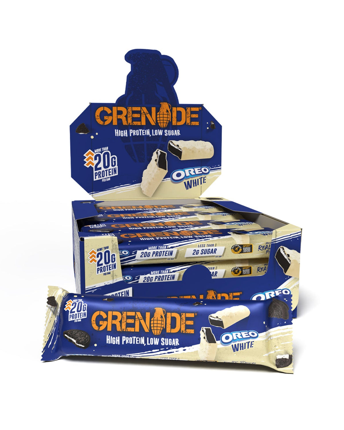 Grenade Protein Bar Oreo White eiwitreep – verpakking met displaydoos