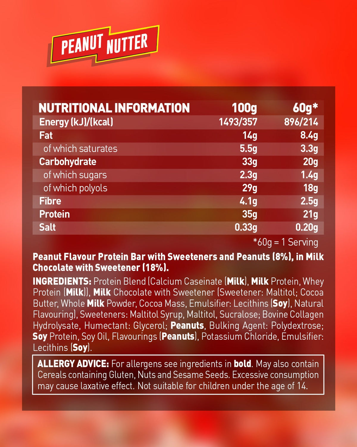 Grenade Protein Bar Peanut Nutter eiwitreep – verpakking achterzijde met voedingswaarden