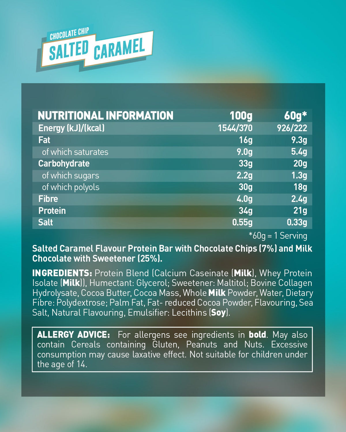 Grenade Protein Bar Salted Caramel eiwitreep – verpakking achterzijde met voedingswaarden