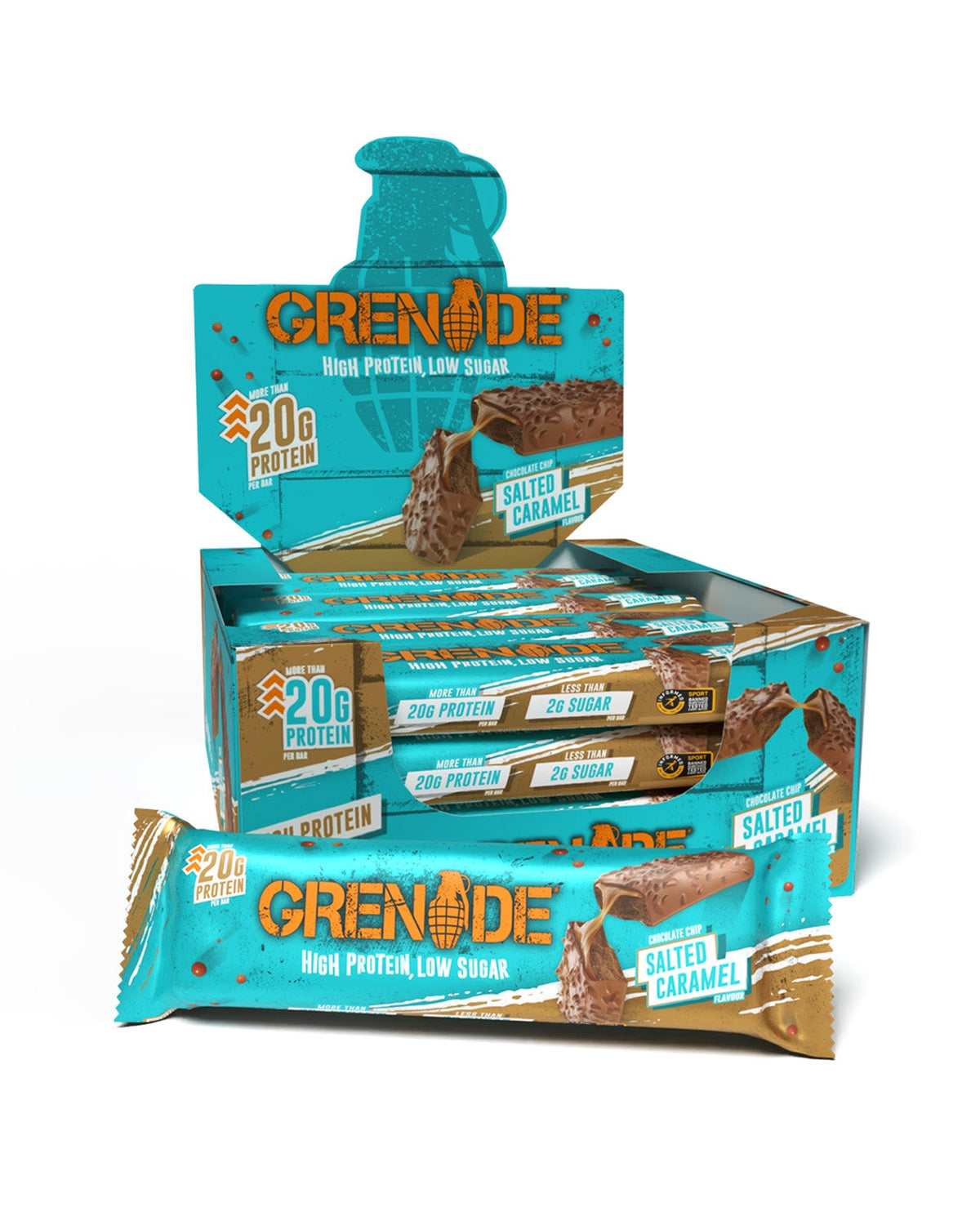 Grenade Protein Bar Salted Caramel eiwitreep – verpakking met displaydoos