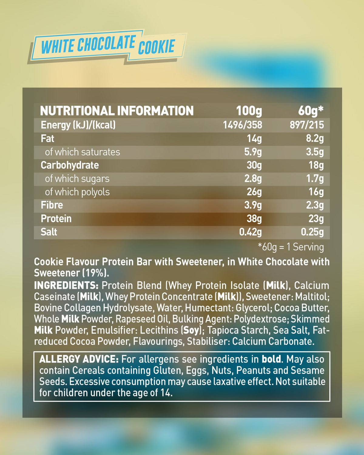 Grenade Protein Bar White Chocolate Cookie eiwitreep – verpakking achterzijde met voedingswaarden