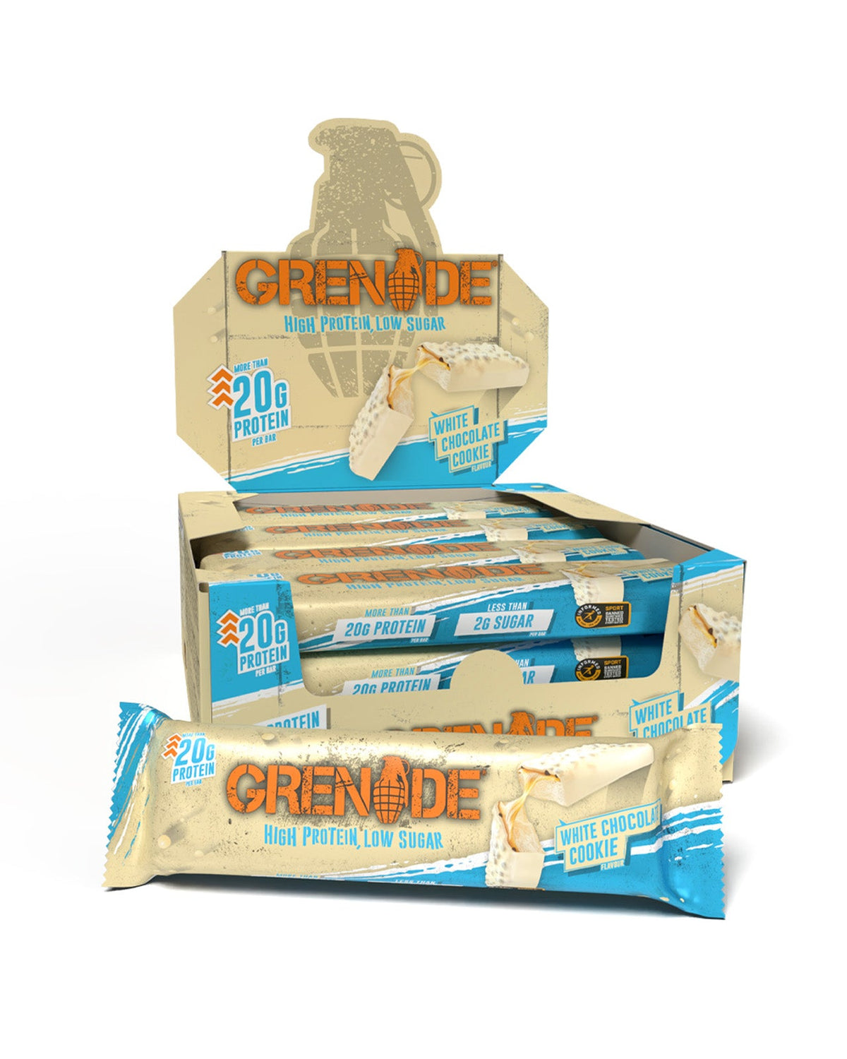 Grenade Protein Bar White Chocolate Cookie eiwitreep – verpakking met displaydoos