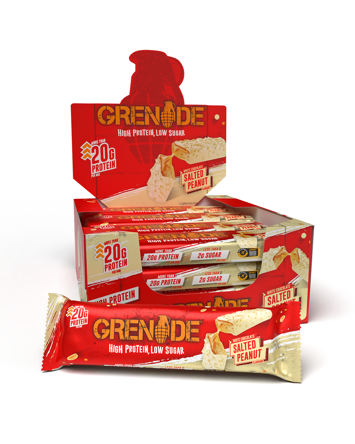 Grenade Protein Bar White Chocolate Salted Peanut eiwitreep – verpakking met displaydoos