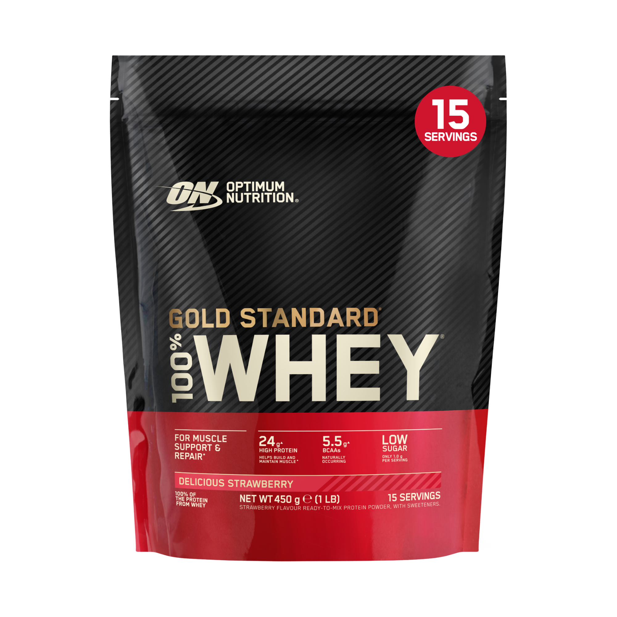 Optimum Nutrition Gold Standard 100% Whey Delicious Strawberry 450 g - verpakking vooraanzicht