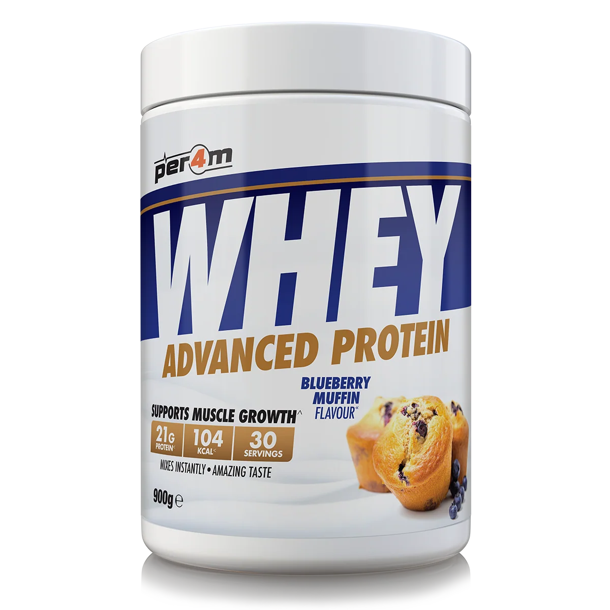 PER4M Whey Protein Blueberry Muffin eiwitpoeder 900 g – verpakking voorzijde